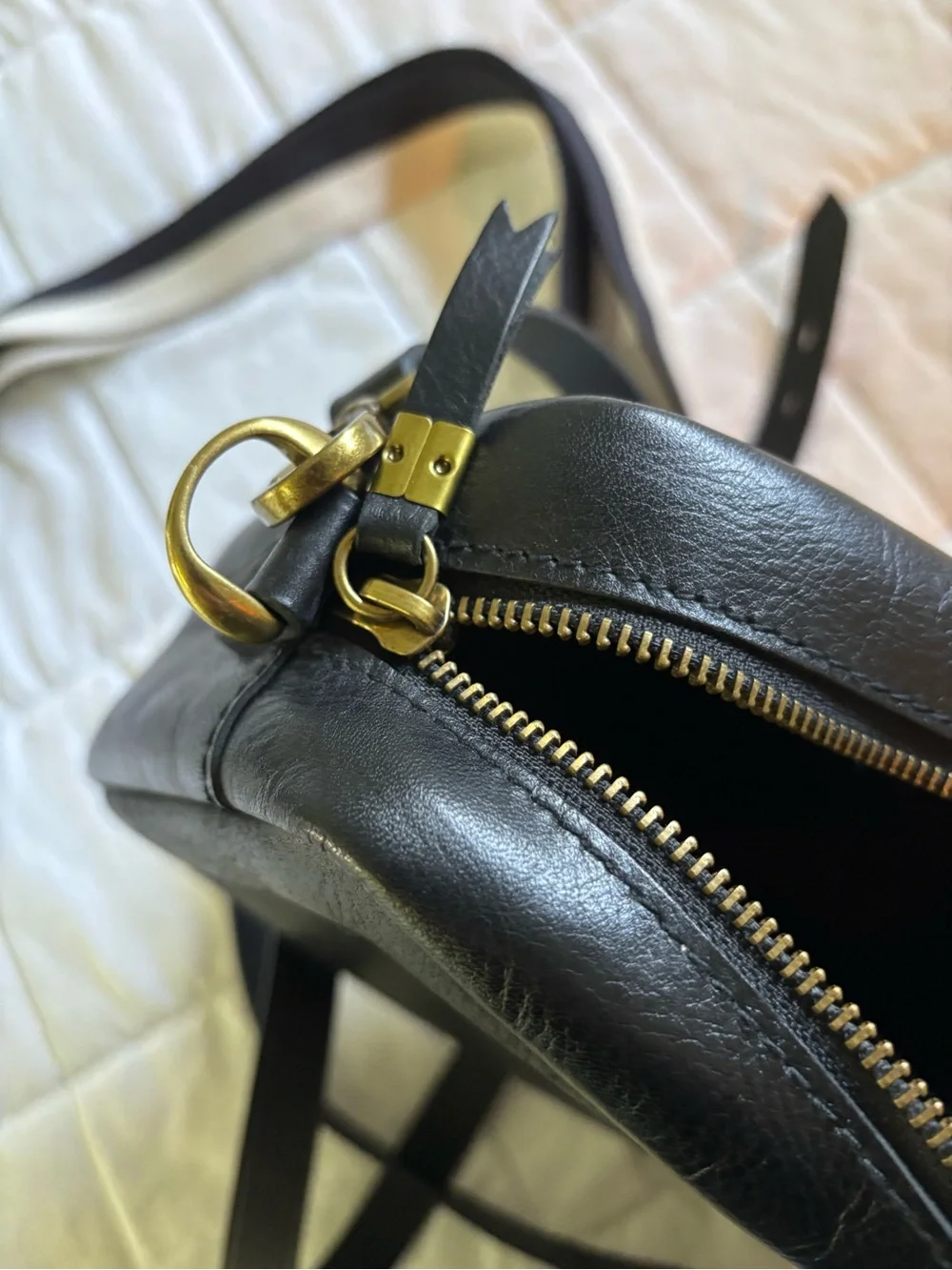 Madewell Black Leather Crossbody with Striped Canvas Strap
